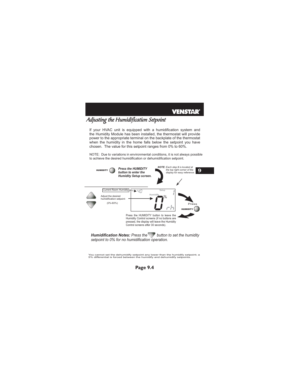 Adjusting the humidification setpoint | Venstar T2900 User Manual | Page 46 / 113