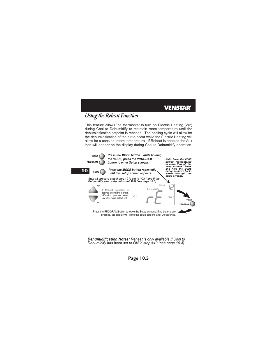 Using the reheat function, Page 10.5 | Venstar T2900 User Manual | Page 51 / 113