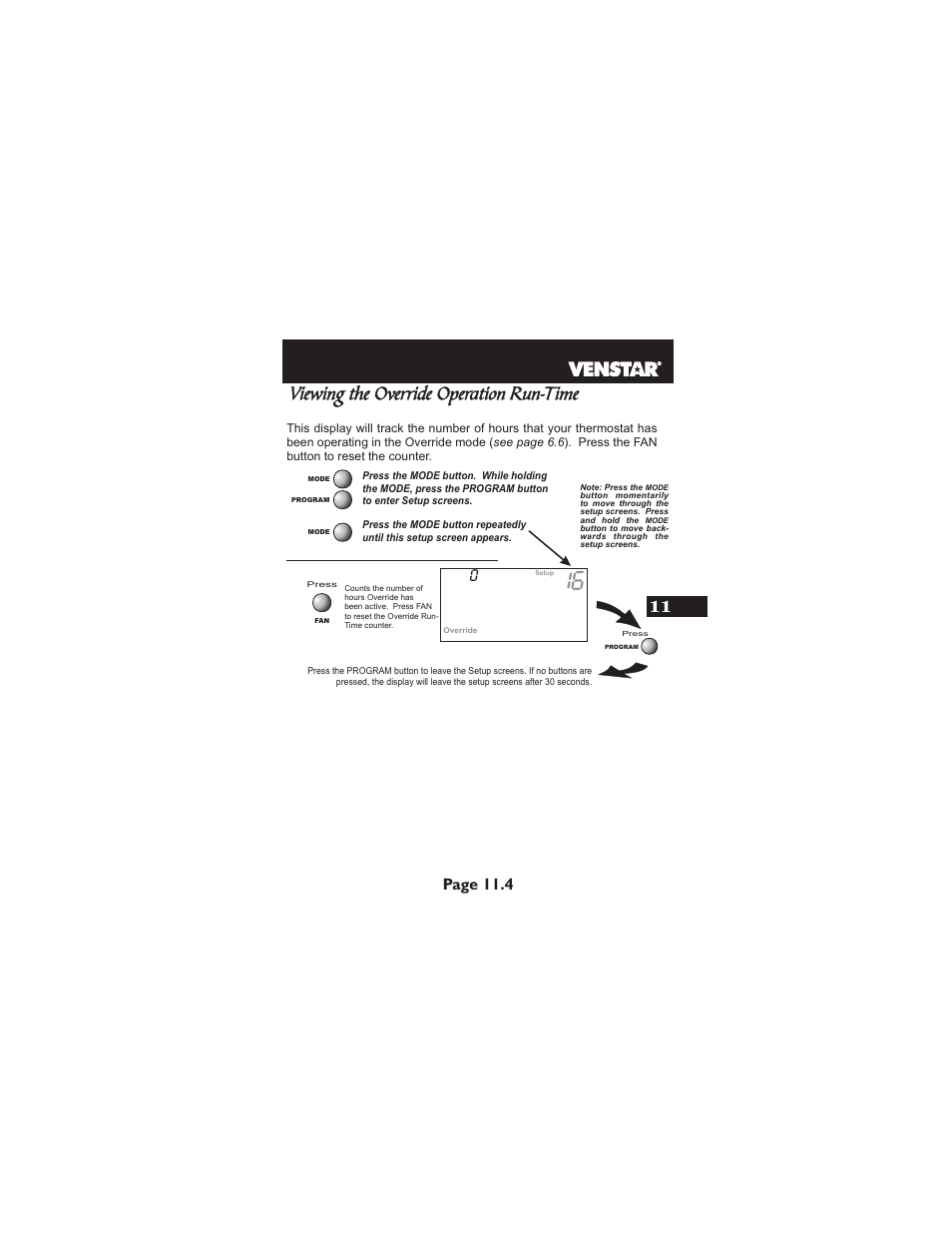 Viewing the override operation run-time, Page 11.4 | Venstar T2900 User Manual | Page 56 / 113