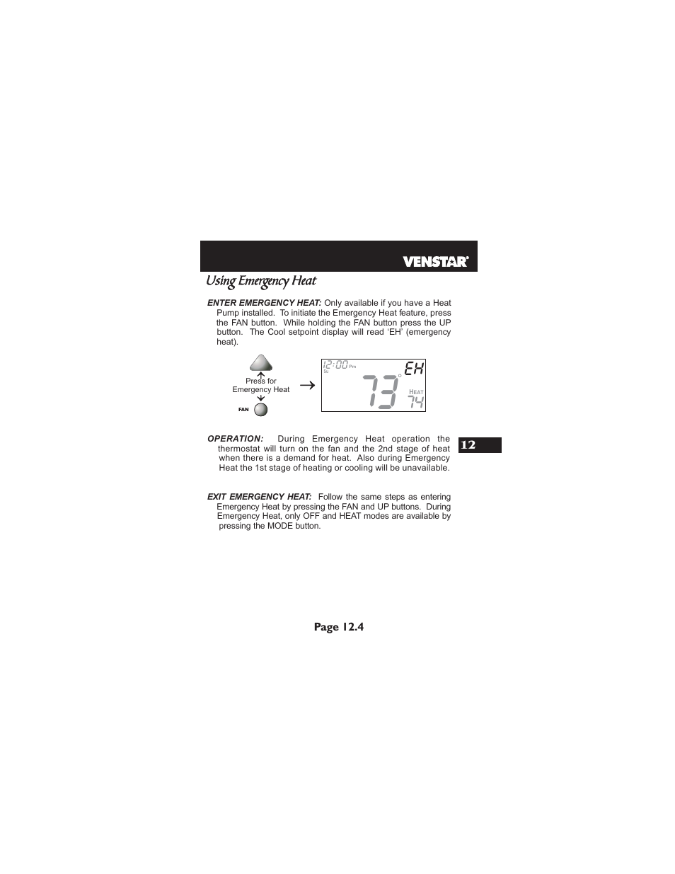 Eh 74, Using emergency heat | Venstar T2900 User Manual | Page 62 / 113