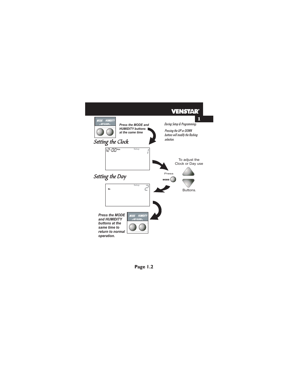 Setting the clock, Setting the day, Page 1.2 1 | Venstar T2900 User Manual | Page 8 / 113