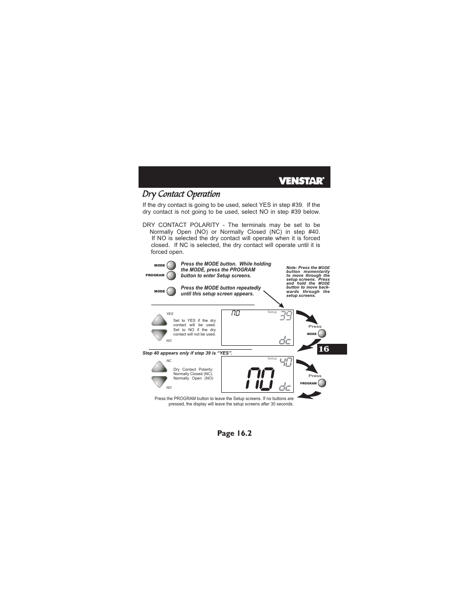 39 dc, 40 dc, Dry contact operation | Page 16.2 | Venstar T2900 User Manual | Page 82 / 113