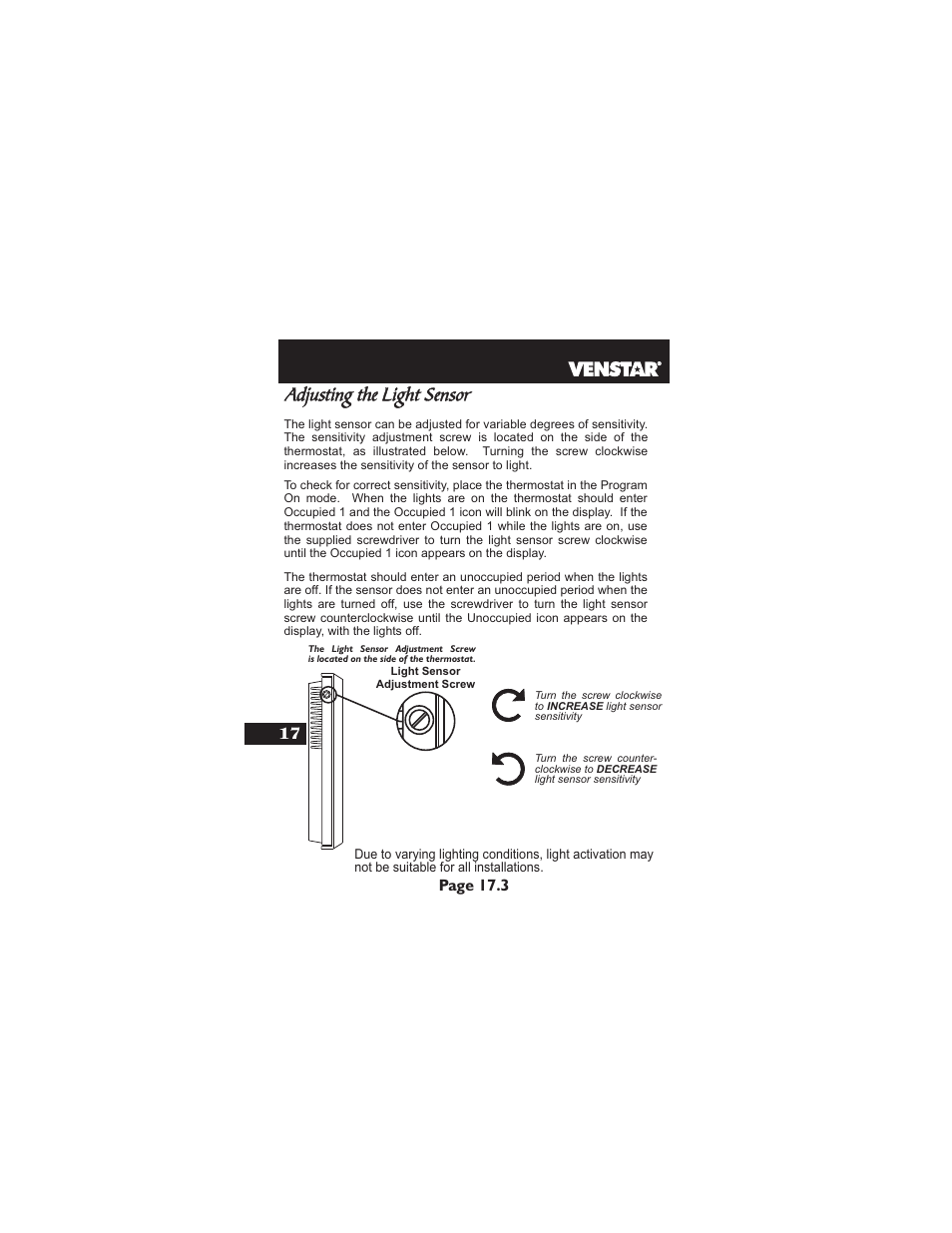 Adjusting the light sensor, Page 17.3 | Venstar T2900 User Manual | Page 87 / 113