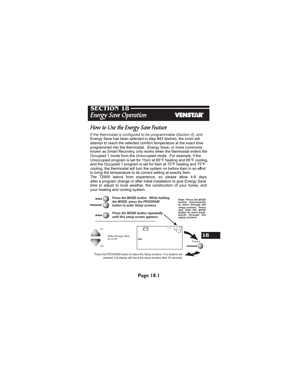 Energy save operation, How to use the energy save feature, Page 18.1 | Venstar T2900 User Manual | Page 88 / 113
