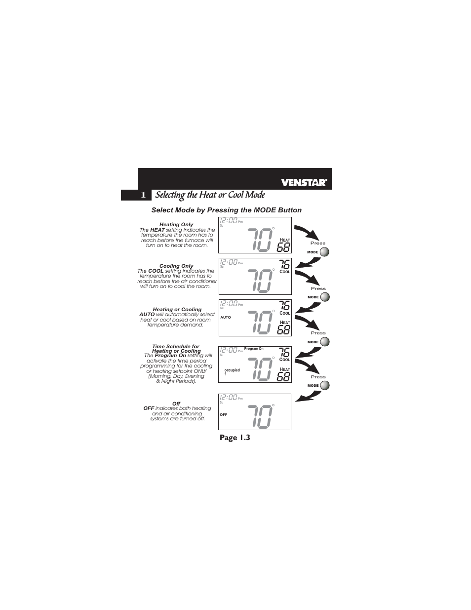 Selecting the heat or cool mode, Page 1.3 1 | Venstar T2900 User Manual | Page 9 / 113