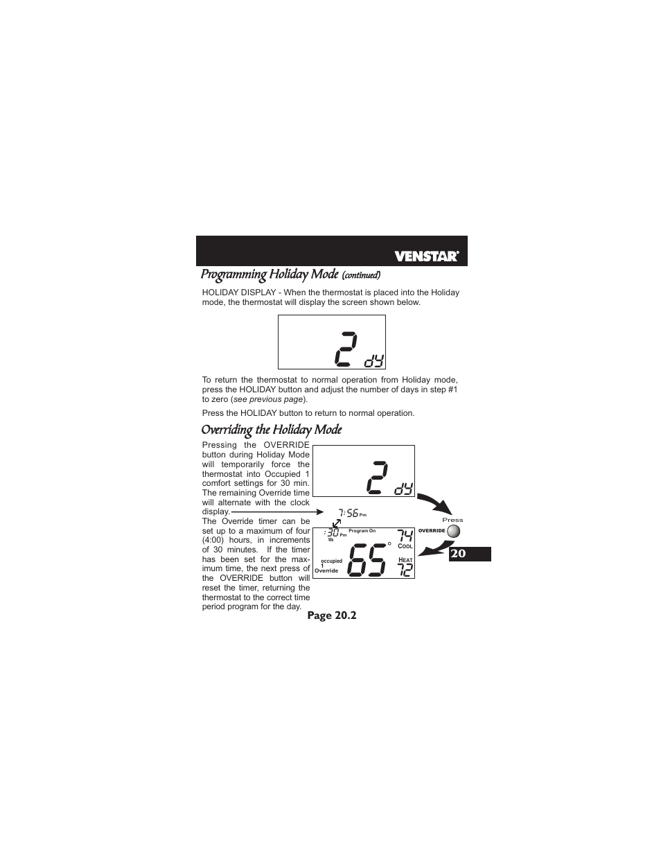Programming holiday mode, Overriding the holiday mode | Venstar T2900 User Manual | Page 94 / 113