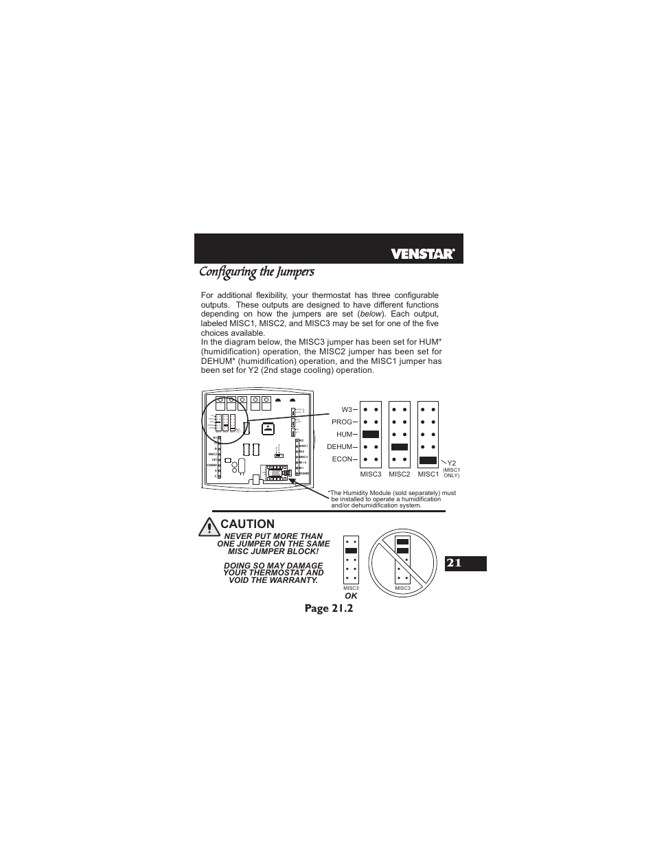 Configuring the jumpers, Caution, Page 21.2 | Misc1 only), Econ | Venstar T2900 User Manual | Page 96 / 113