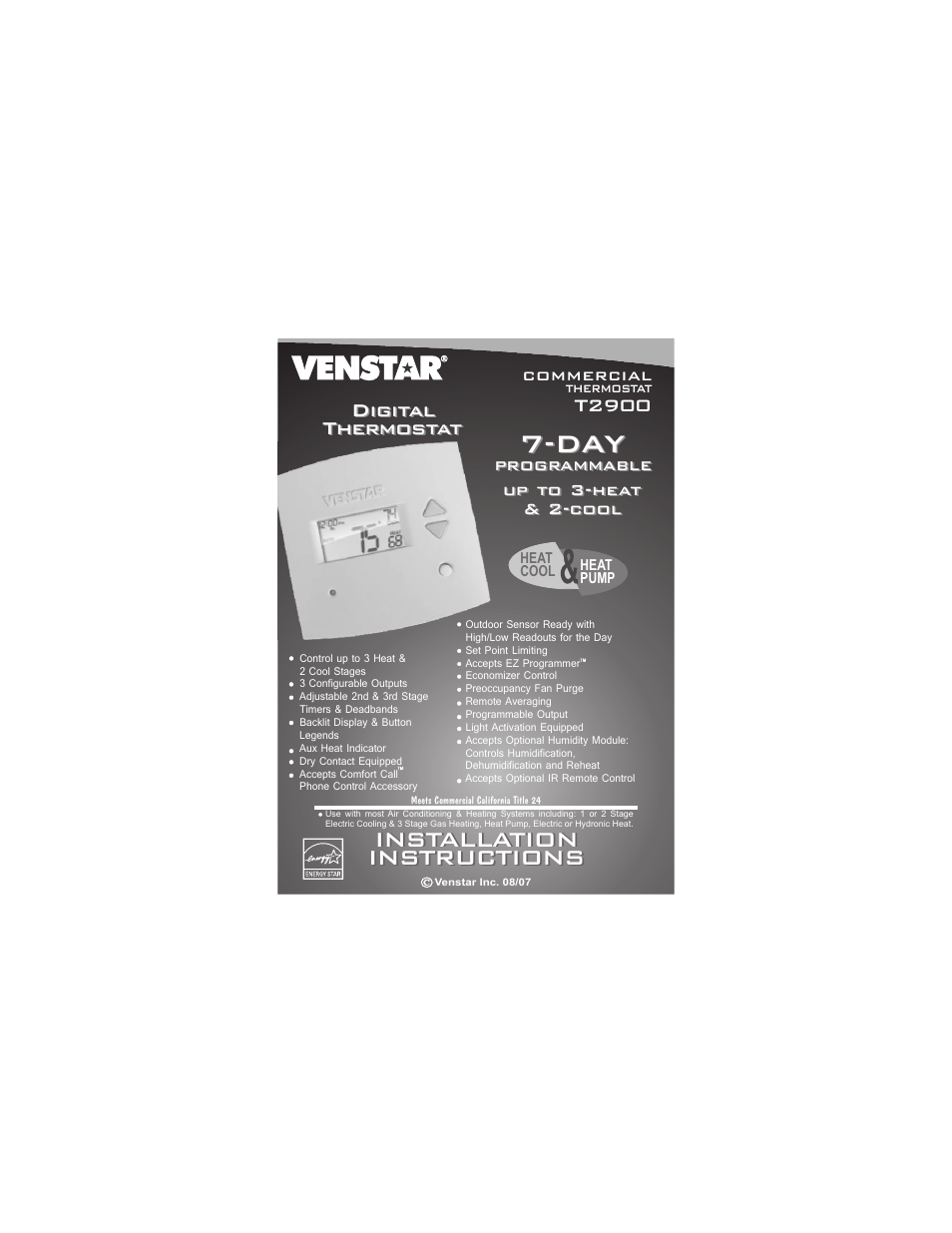 Venstar T2900 Installation User Manual | 24 pages