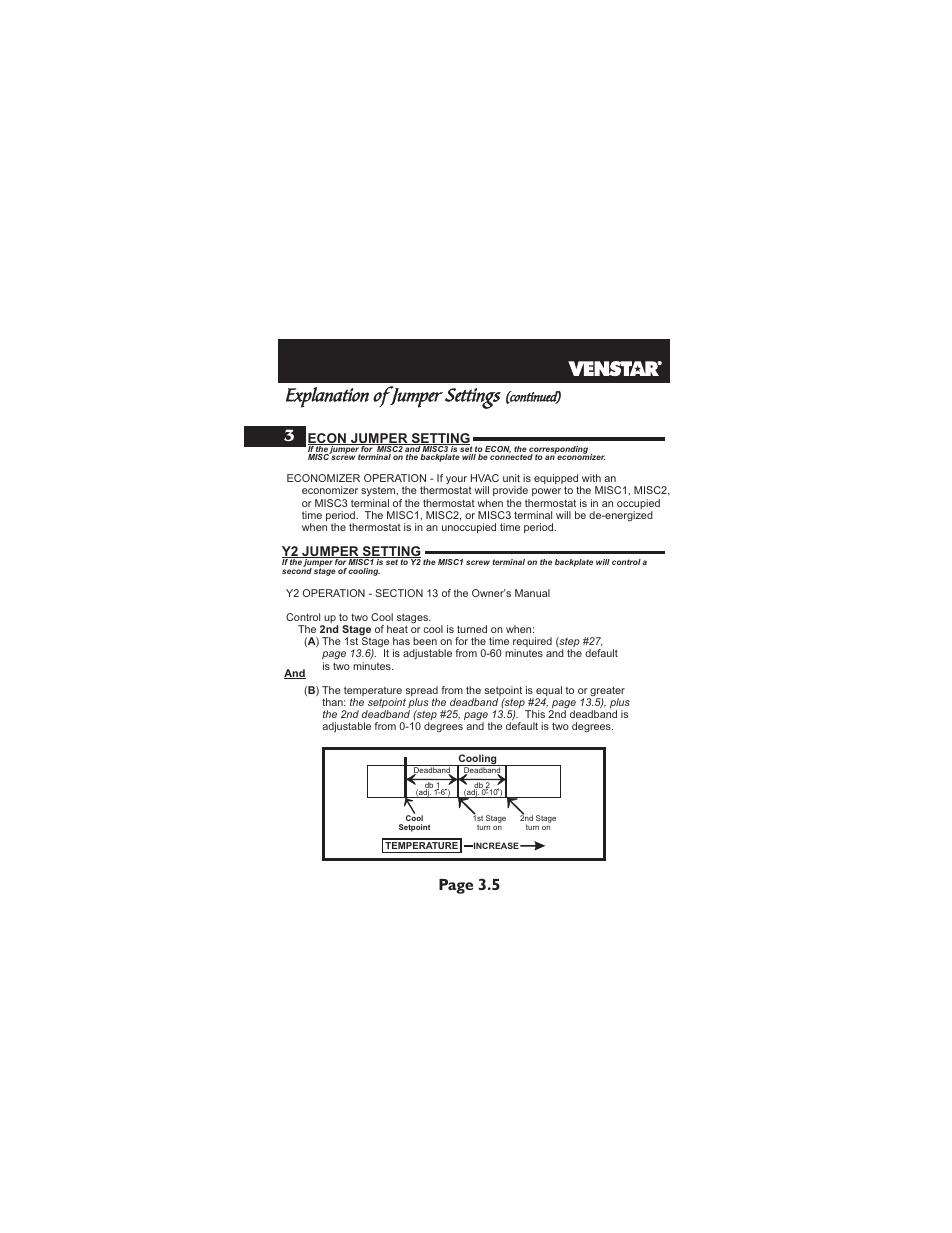 Explanation of jumper settings, Page 3.5, Econ jumper setting | Y2 jumper setting, Continued) | Venstar T2900 Installation User Manual | Page 11 / 24