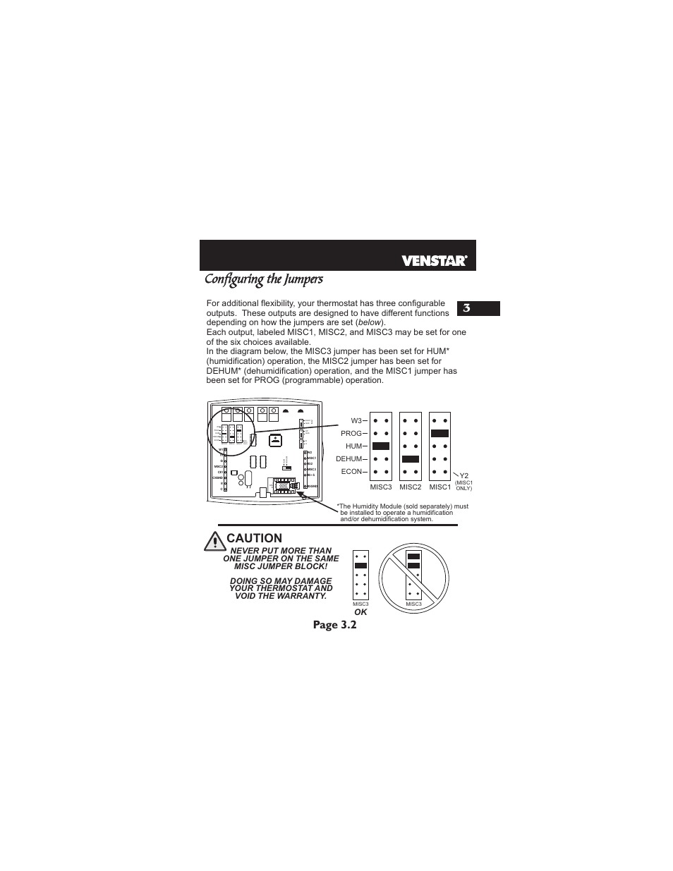 Configuring the jumpers, Caution, Page 3.2 | Misc1 only), Econ | Venstar T2900 Installation User Manual | Page 8 / 24