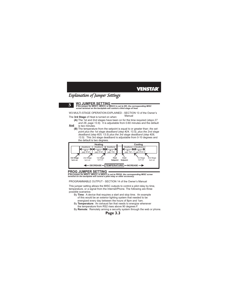 Explanation of jumper settings, Page 3.3, Prog jumper setting | W3 jumper setting | Venstar T2900 Installation User Manual | Page 9 / 24