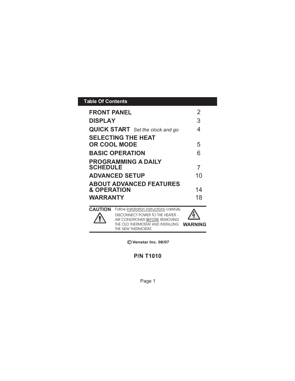 Venstar T1010 User Manual | Page 2 / 19