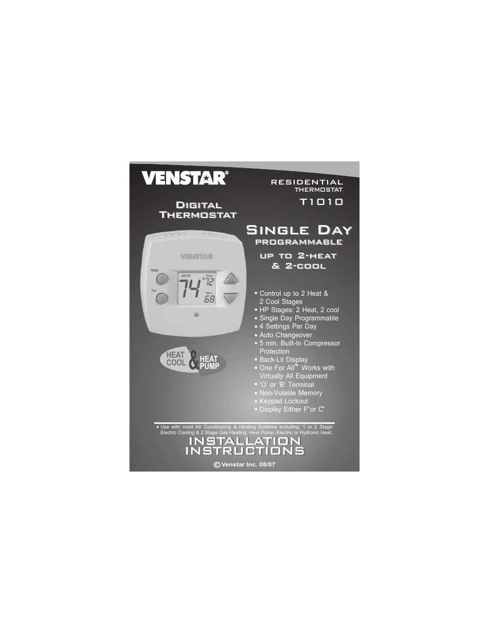 Venstar T1010 Installation User Manual | 15 pages