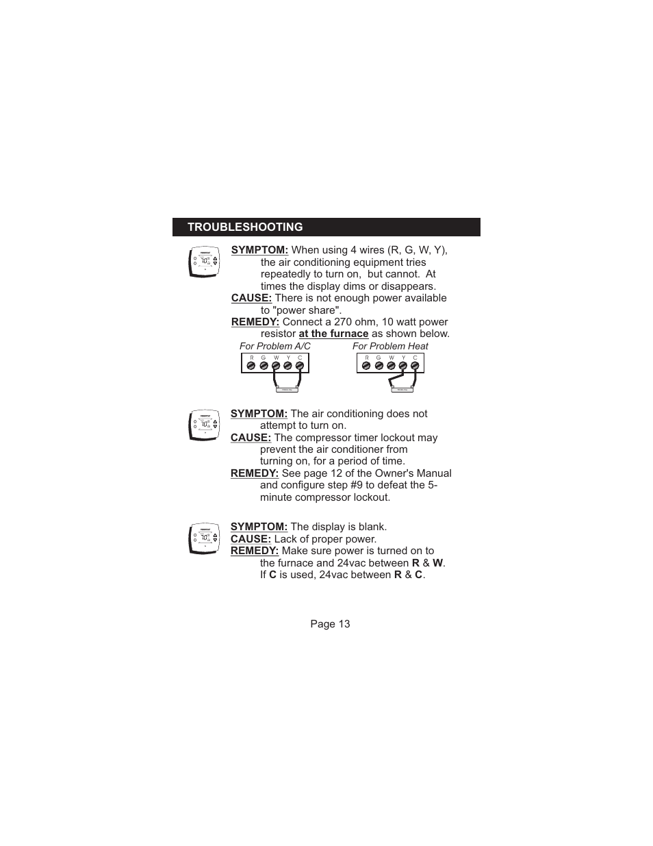 Troubleshooting, Page 13, For problem a/c for problem heat | Auto cool, Heat | Venstar T1010 Installation User Manual | Page 14 / 15