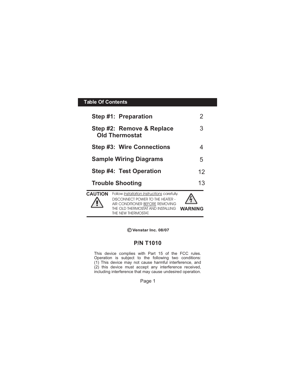 Venstar T1010 Installation User Manual | Page 2 / 15