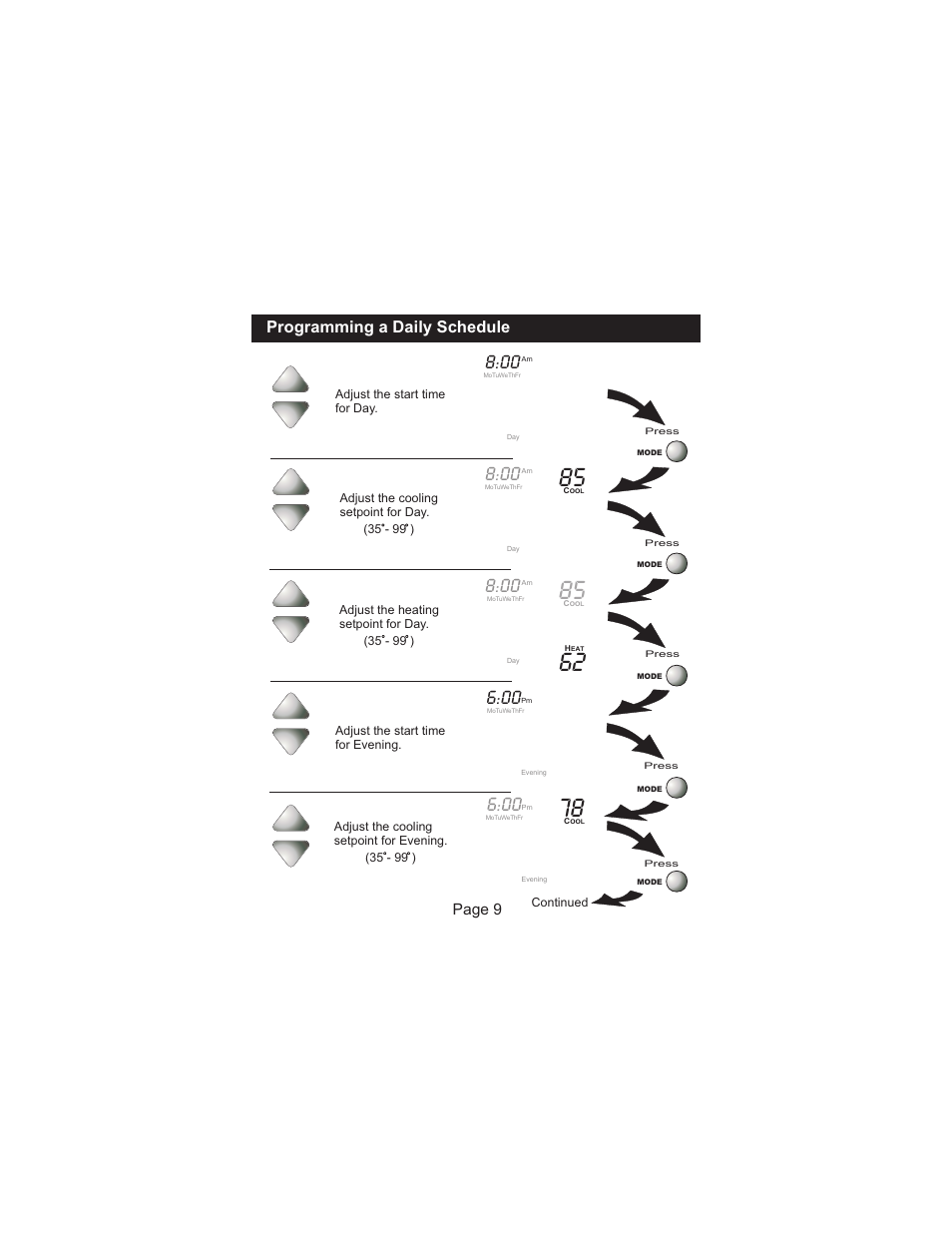 Programming a daily schedule, Page 9 | Venstar T1050 User Manual | Page 10 / 20