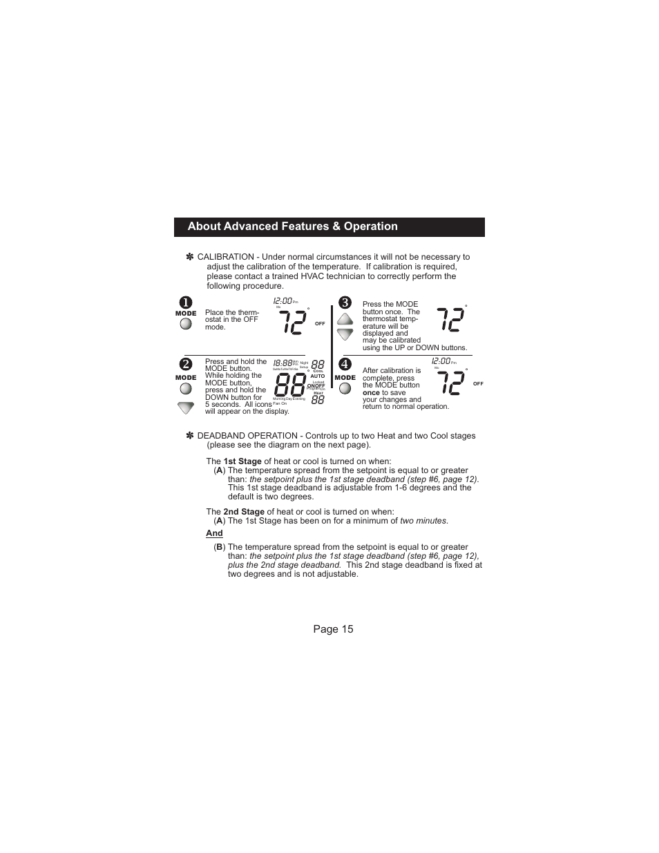 About advanced features & operation, Page 15, I2:00 | I8:88 | Venstar T1050 User Manual | Page 16 / 20