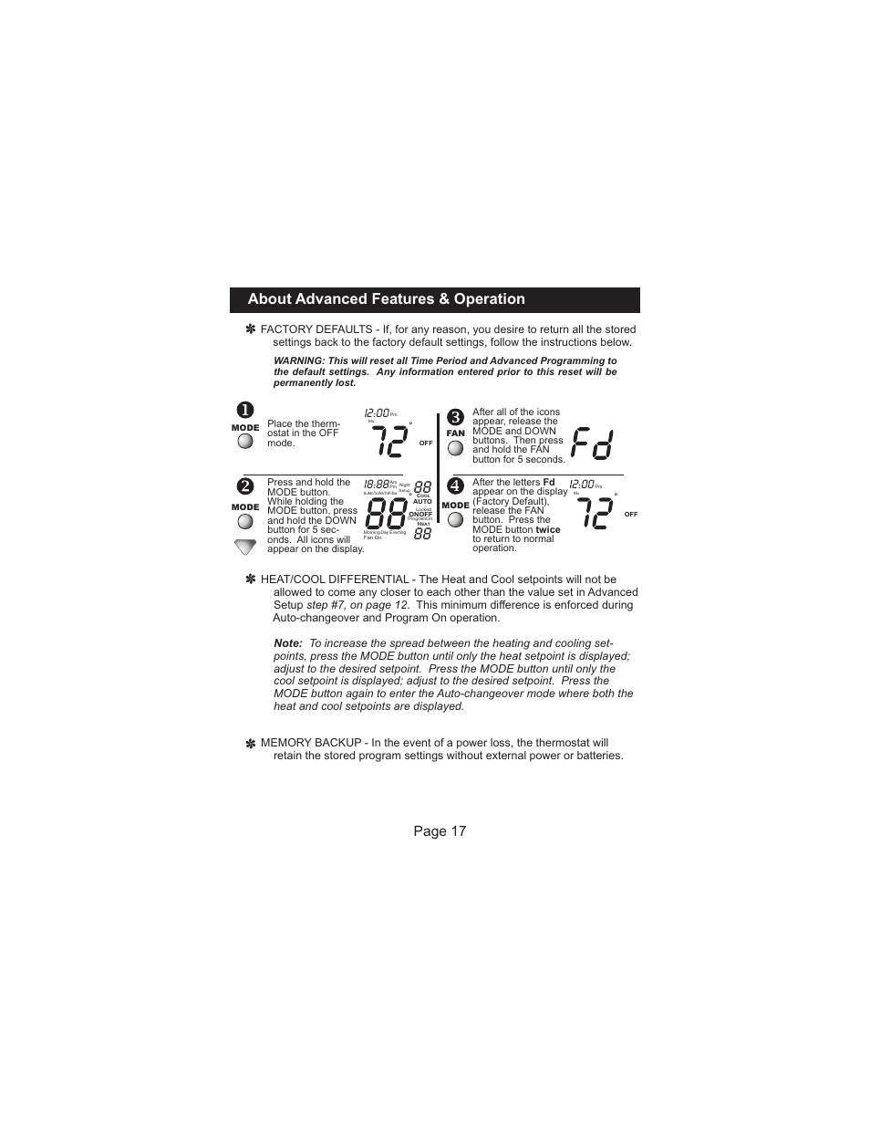 About advanced features & operation, Page 17, I2:00 | I8:88 | Venstar T1050 User Manual | Page 18 / 20