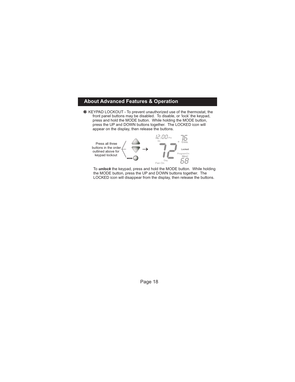 I2:00, About advanced features & operation, Page 18 | Venstar T1050 User Manual | Page 19 / 20