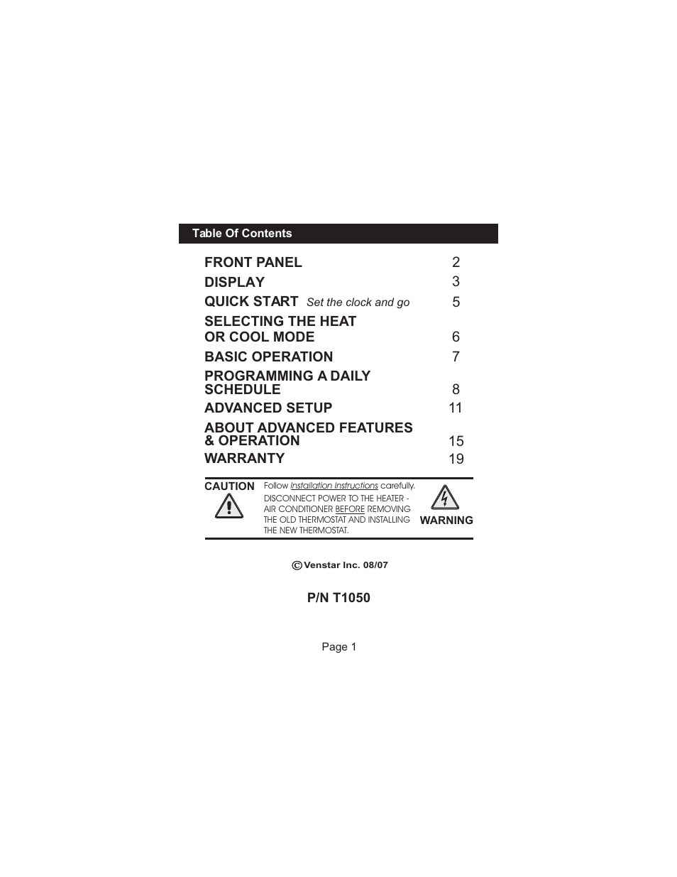 Venstar T1050 User Manual | Page 2 / 20