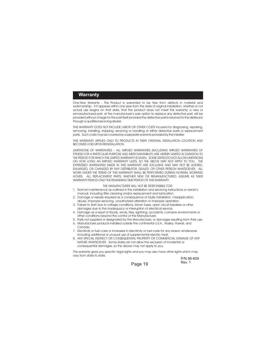 Warranty, Page 19 | Venstar T1050 User Manual | Page 20 / 20