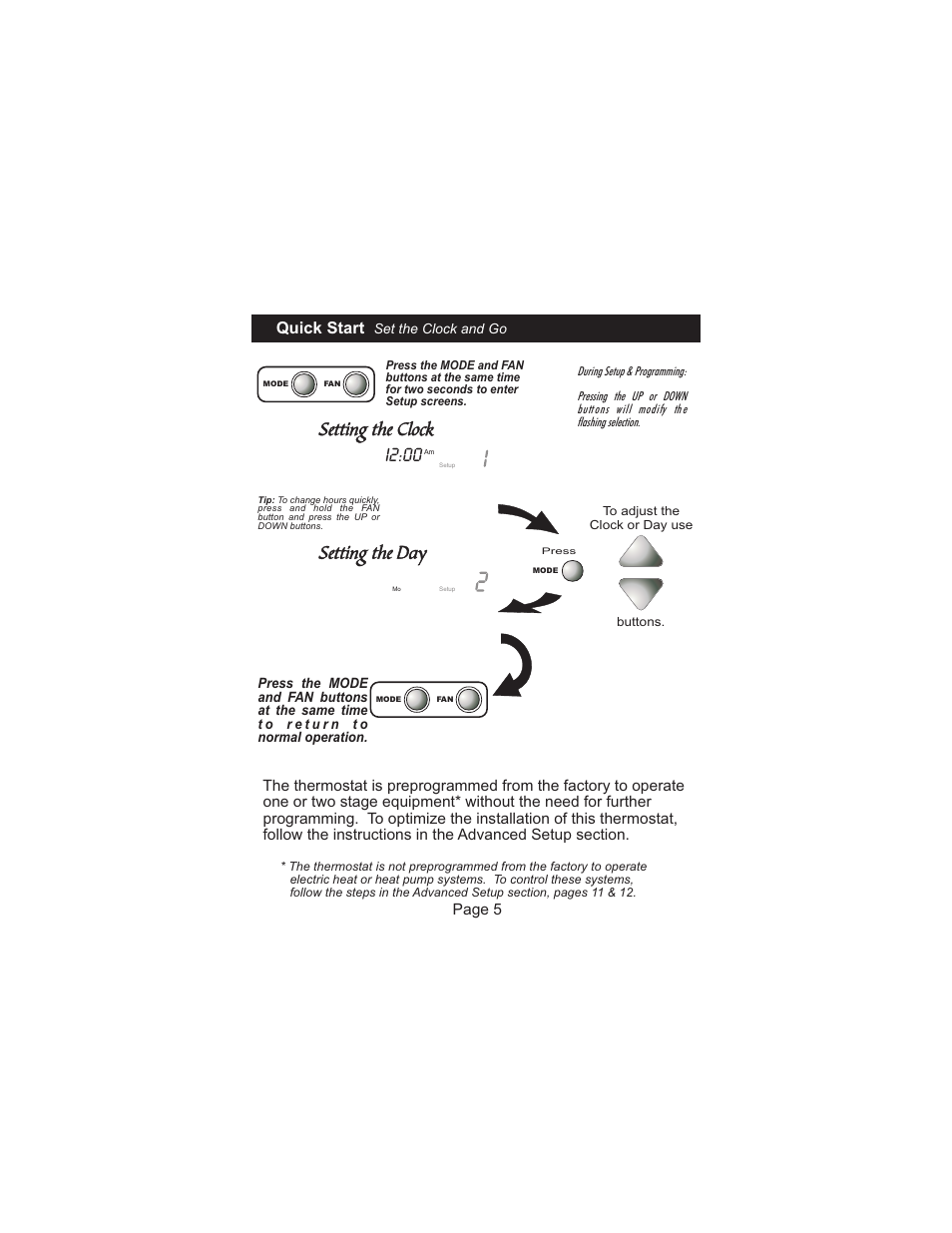Setting the clock setting the day, I2:00, Quick start | Page 5 | Venstar T1050 User Manual | Page 6 / 20