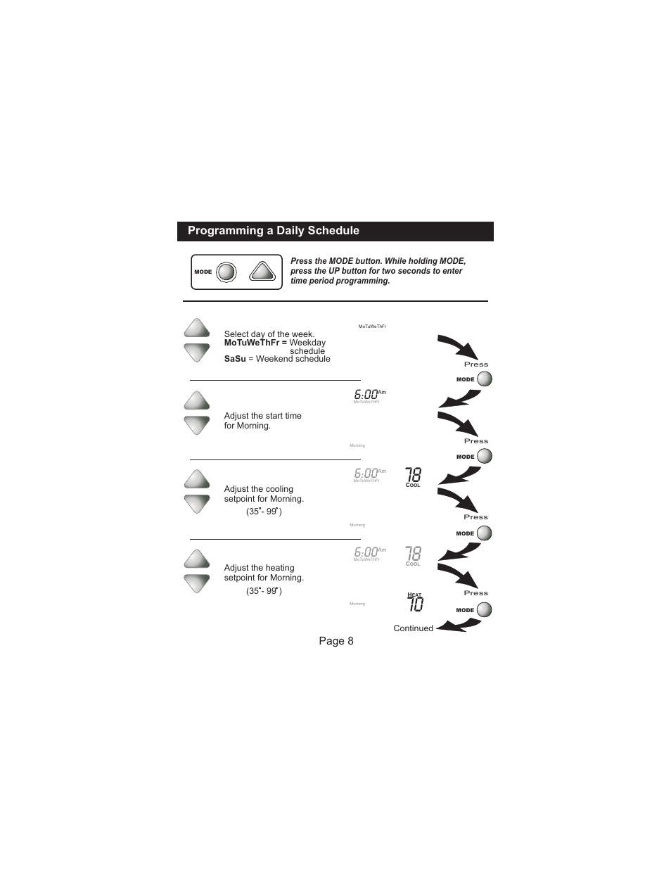 Programming a daily schedule, Page 8 | Venstar T1050 User Manual | Page 9 / 20