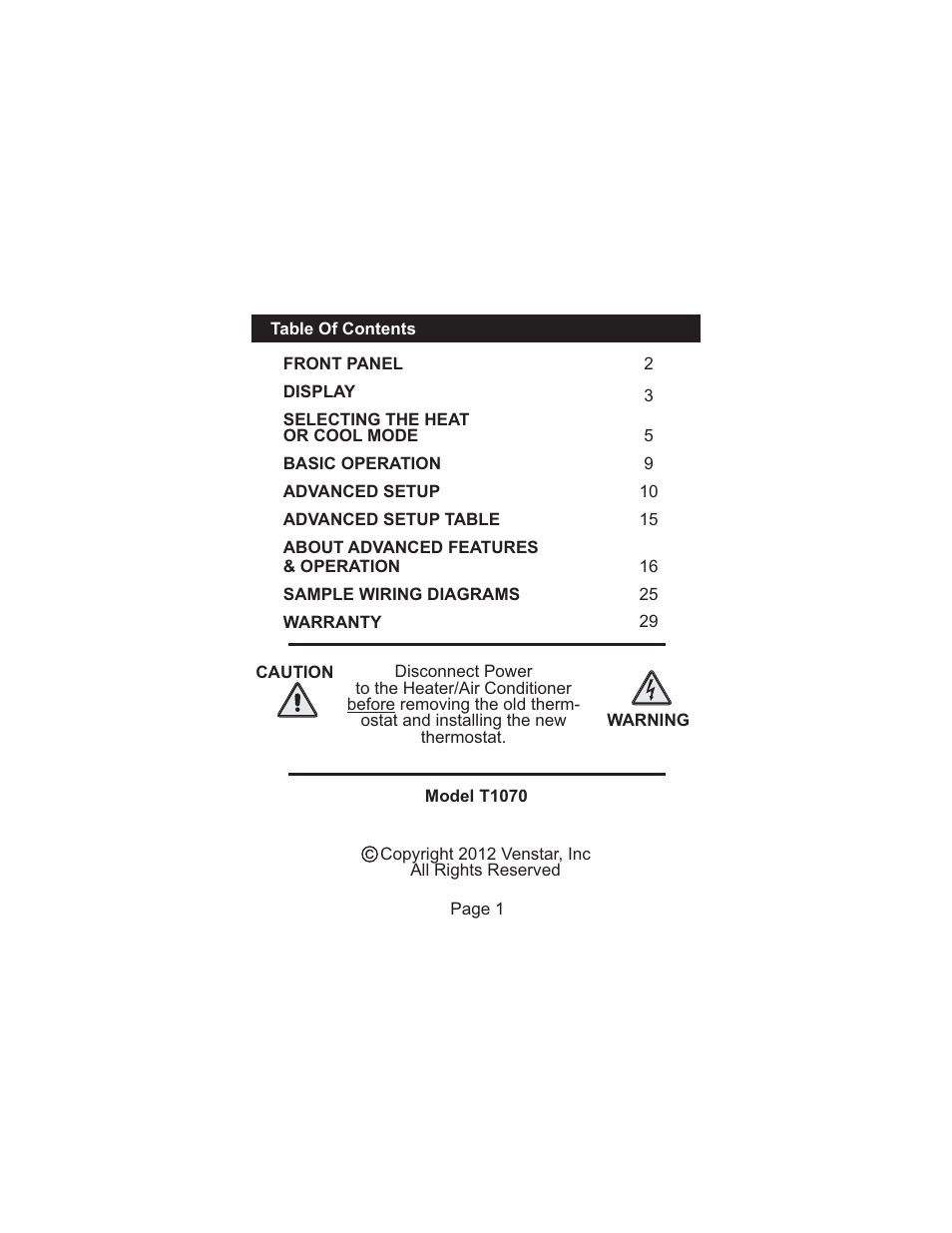 Venstar T1070 User Manual | Page 2 / 30