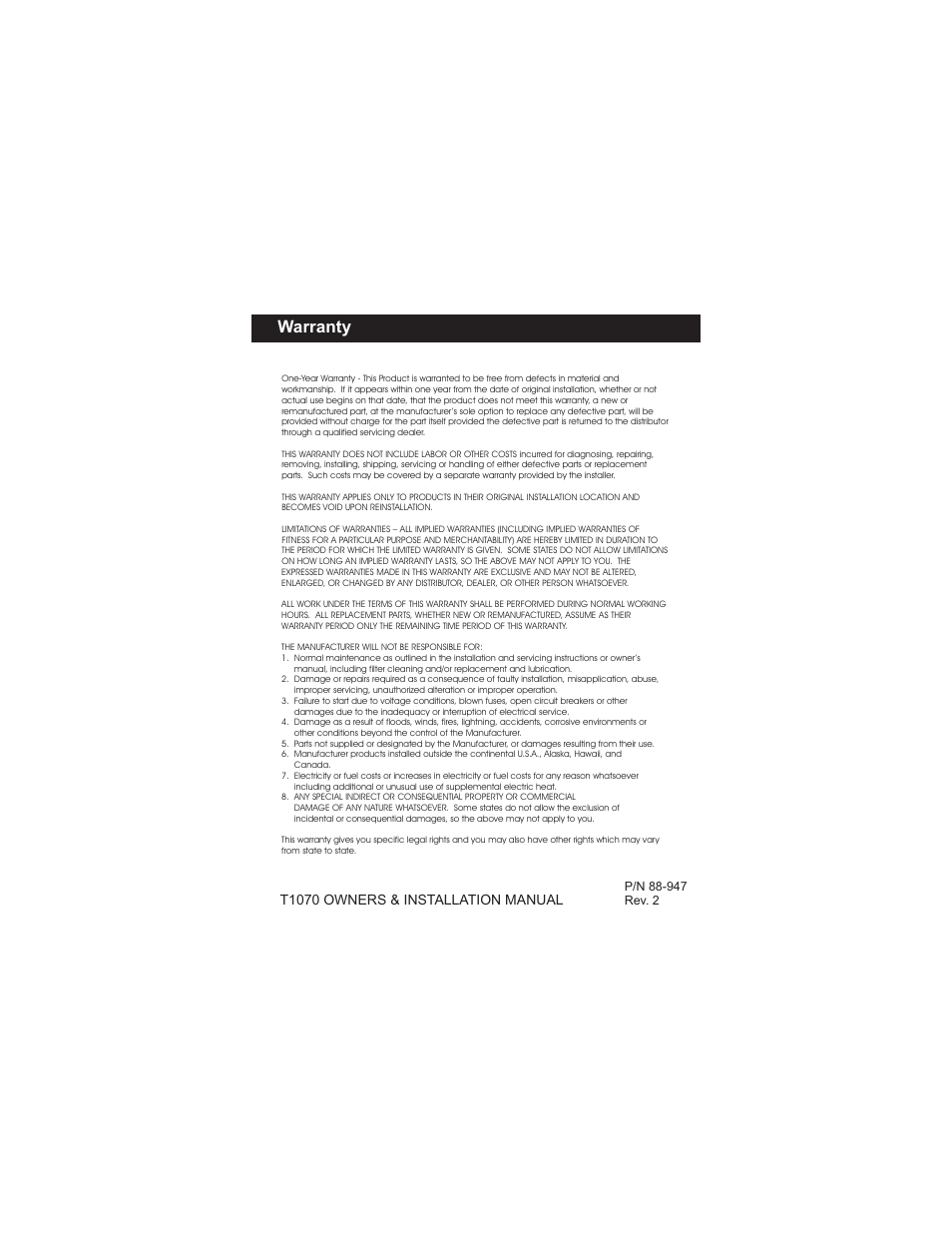 Warranty, T1070 owners & installation manual | Venstar T1070 User Manual | Page 30 / 30