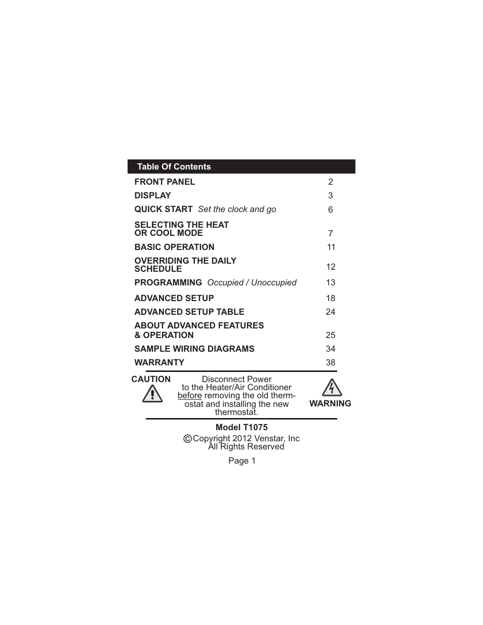 Venstar T1075 User Manual | Page 2 / 39
