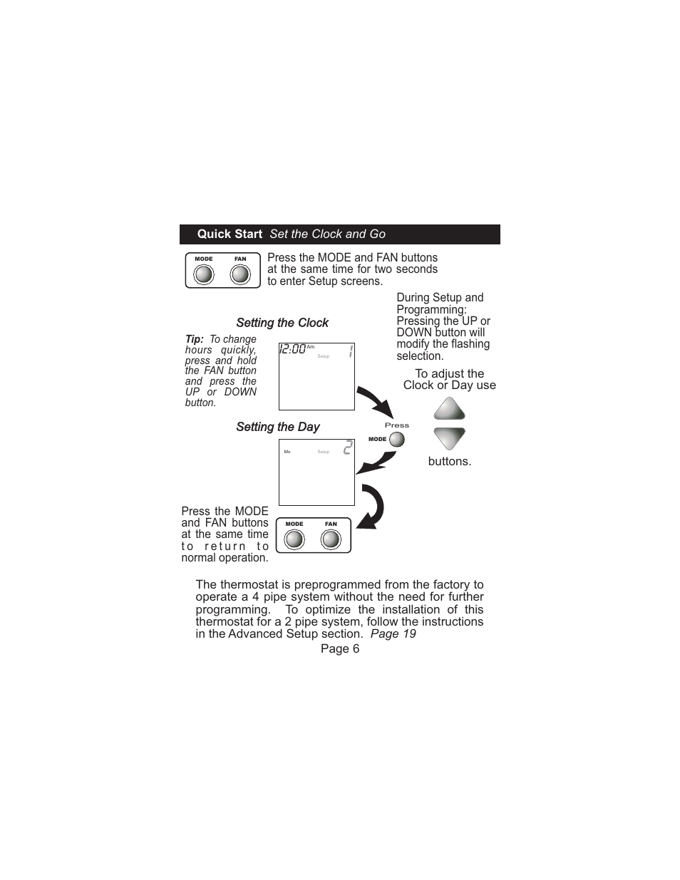 I2:00, Setting the clock setting the day | Venstar T1075 User Manual | Page 7 / 39