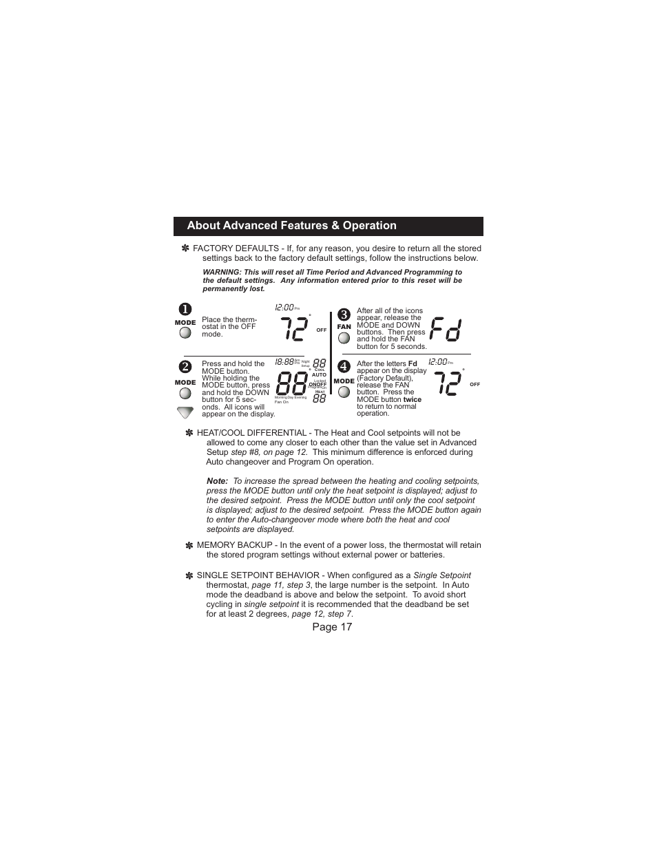 About advanced features & operation, Page 17, I2:00 | I8:88 | Venstar T1000FS User Manual | Page 18 / 20