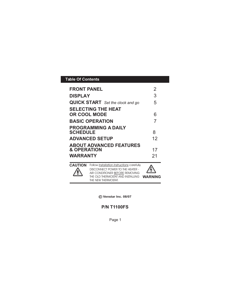 Venstar T1100FS User Manual | Page 2 / 23