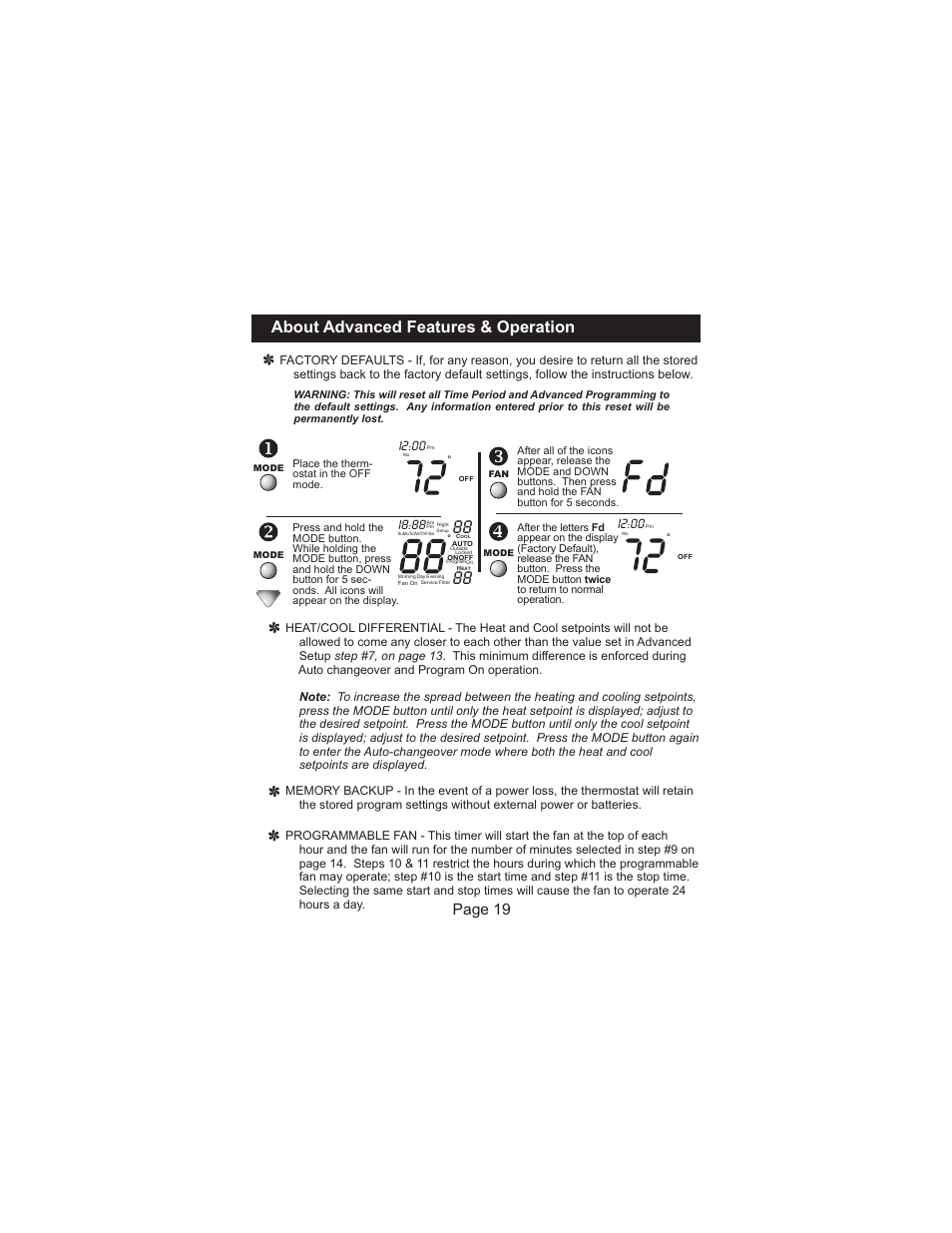 About advanced features & operation, Page 19, I2:00 | I8:88 | Venstar T1100FS User Manual | Page 20 / 23