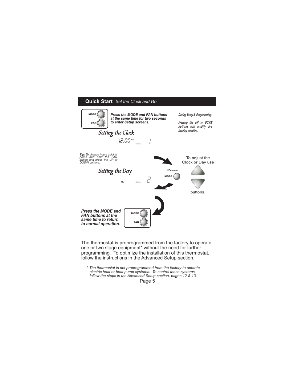 Setting the clock setting the day, I2:00, Quick start | Page 5 | Venstar T1100FS User Manual | Page 6 / 23