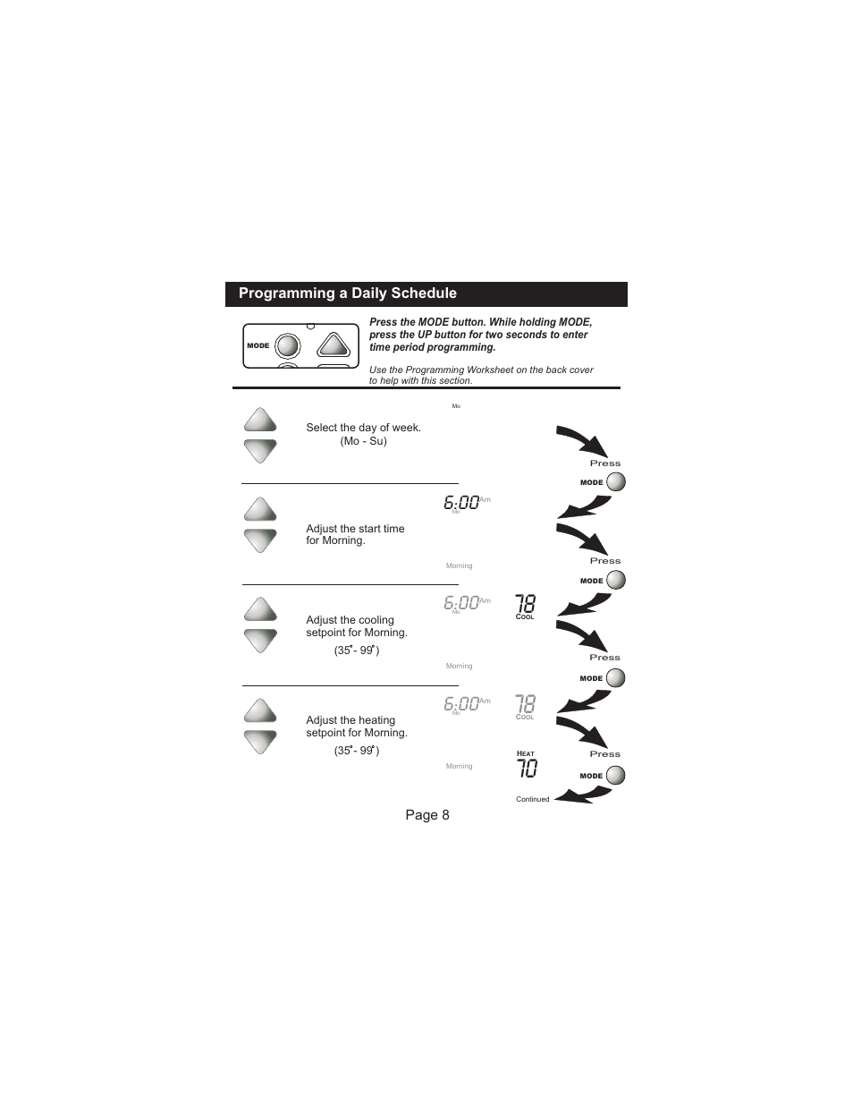 Programming a daily schedule, Page 8 | Venstar T1100FS User Manual | Page 9 / 23