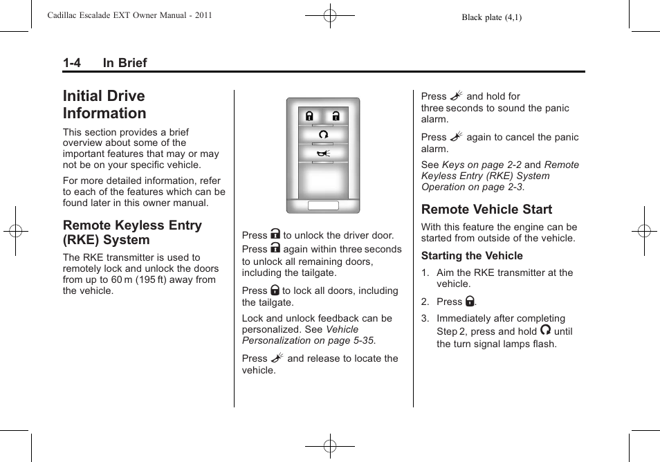 Initial drive information, Remote keyless entry (rke) system, Remote vehicle start | Initial drive information -4, Luggage/load locations -2, Voice recognition, System -4, Remote vehicle start -4, Windshield | Cadillac 2011 Escalade EXT User Manual | Page 10 / 508