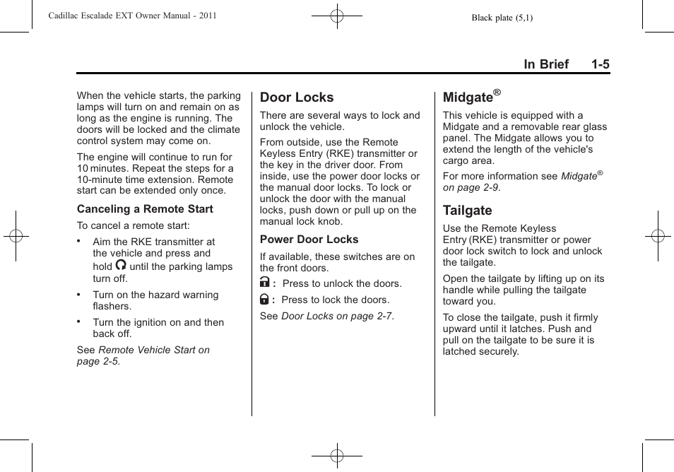 Door locks, Midgate, Tailgate | Door locks -5 midgate, Tailgate -5 | Cadillac 2011 Escalade EXT User Manual | Page 11 / 508