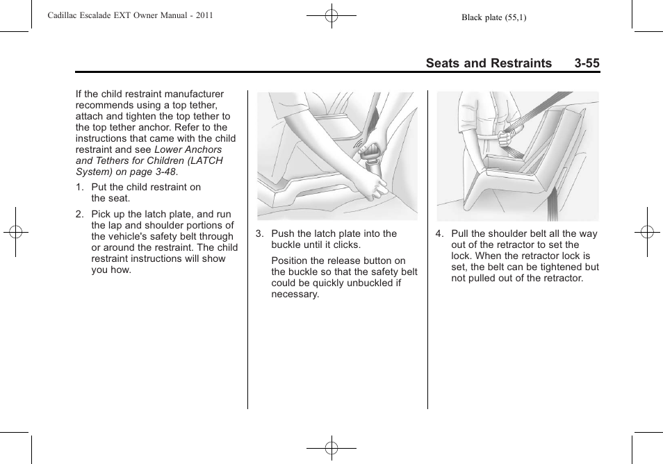 Seats and restraints 3-55 | Cadillac 2011 Escalade EXT User Manual | Page 111 / 508