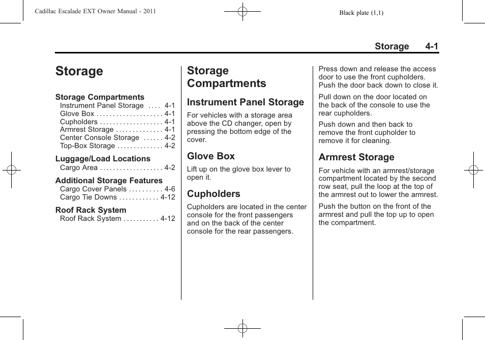 Storage, Storage compartments, Instrument panel storage | Glove box, Cupholders, Armrest storage, Storage -1, Storage compartments -1, Navigation | Cadillac 2011 Escalade EXT User Manual | Page 117 / 508