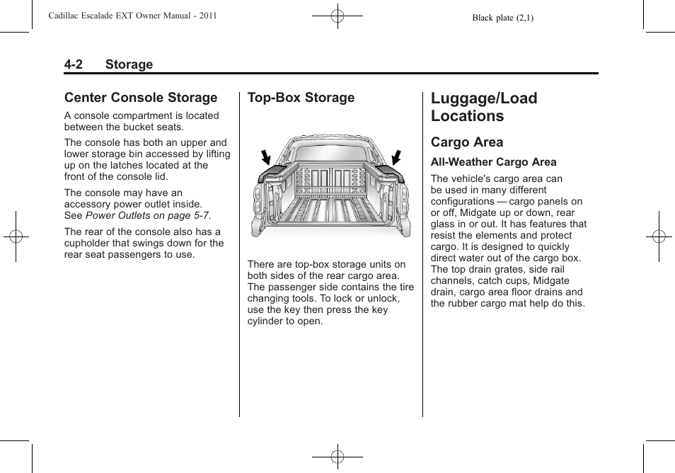 Center console storage, Top-box storage, Luggage/load locations | Cargo area, Center console storage -2 top-box storage -2, Cargo area -2, Lift up on the | Cadillac 2011 Escalade EXT User Manual | Page 118 / 508