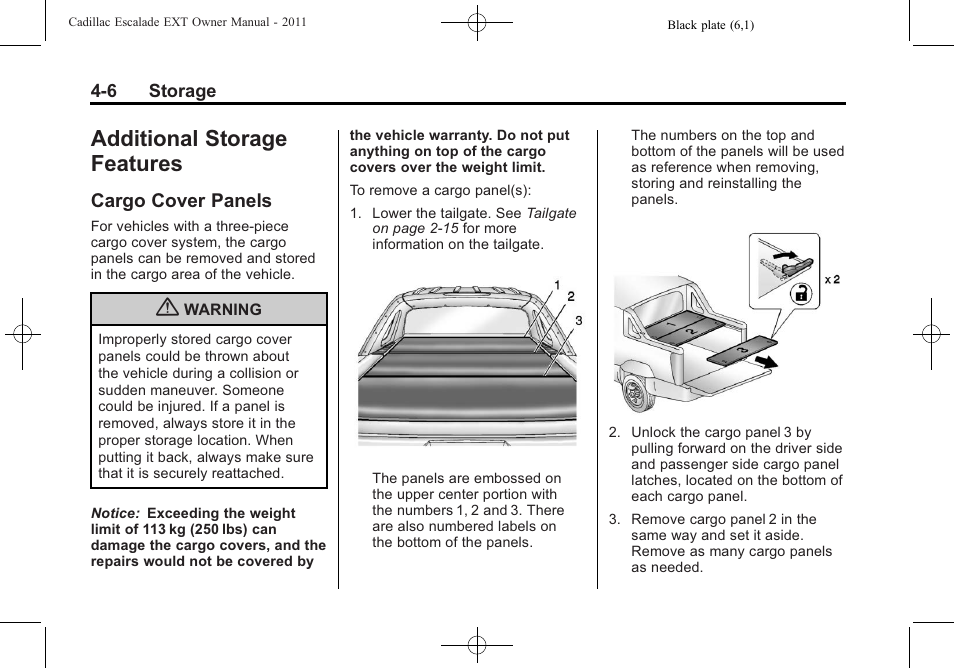 Additional storage features, Cargo cover panels, Features -6 | Cargo cover panels -6 | Cadillac 2011 Escalade EXT User Manual | Page 122 / 508