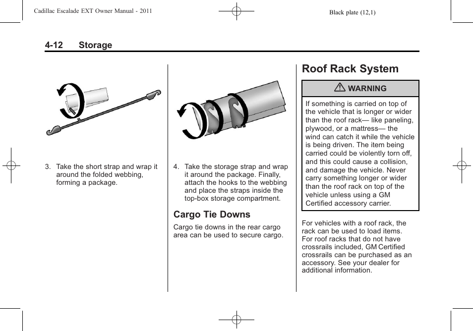 Cargo tie downs, Roof rack system, Climate | Cargo tie downs -12, Roof rack system -12 | Cadillac 2011 Escalade EXT User Manual | Page 128 / 508