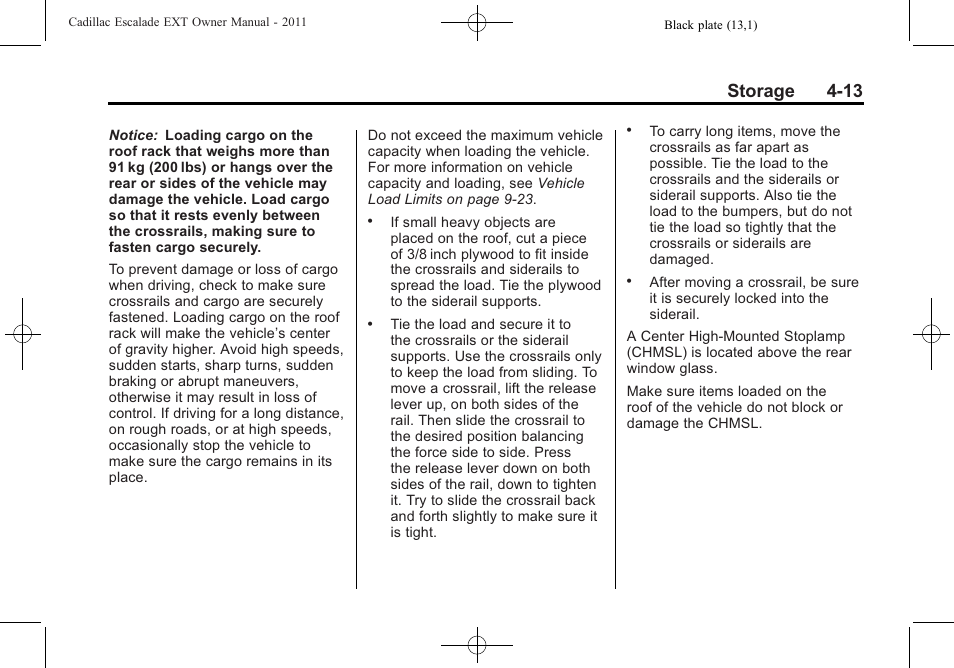 Storage 4-13 | Cadillac 2011 Escalade EXT User Manual | Page 129 / 508