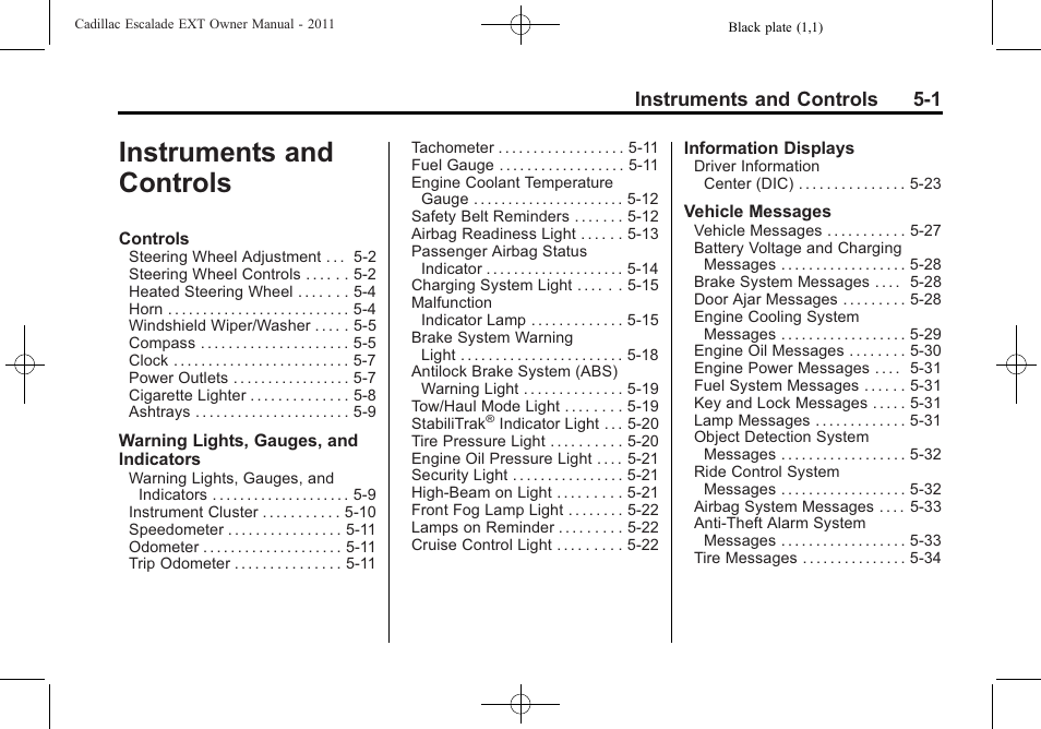 Instruments and controls, Instruments and controls -1, Instruments and controls 5-1 | Cadillac 2011 Escalade EXT User Manual | Page 131 / 508