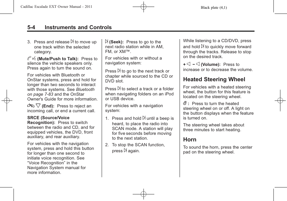 Heated steering wheel, Horn, Heated steering wheel -4 horn -4 | Cadillac 2011 Escalade EXT User Manual | Page 134 / 508