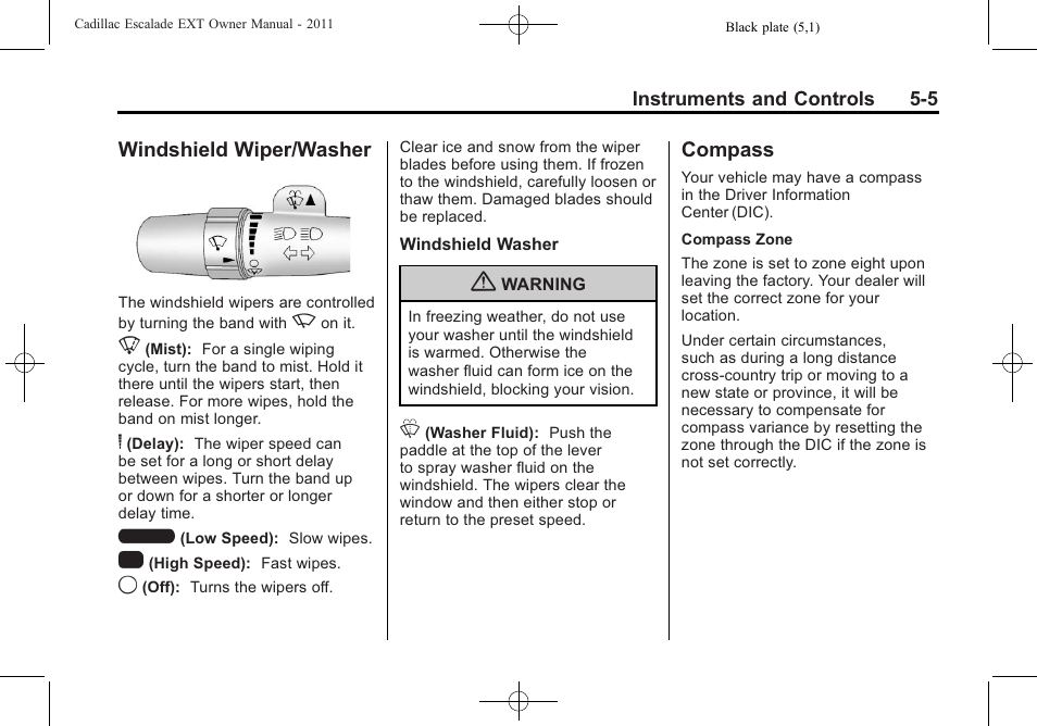 Windshield wiper/washer, Compass, Windshield wiper/washer -5 compass -5 | Cadillac 2011 Escalade EXT User Manual | Page 135 / 508