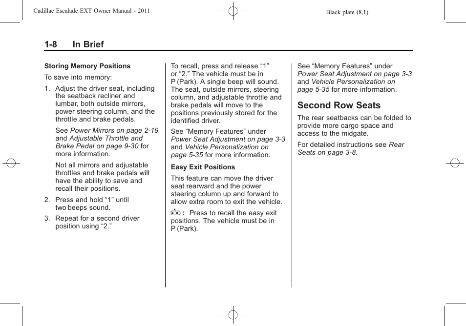 Second row seats, Second row seats -8 | Cadillac 2011 Escalade EXT User Manual | Page 14 / 508