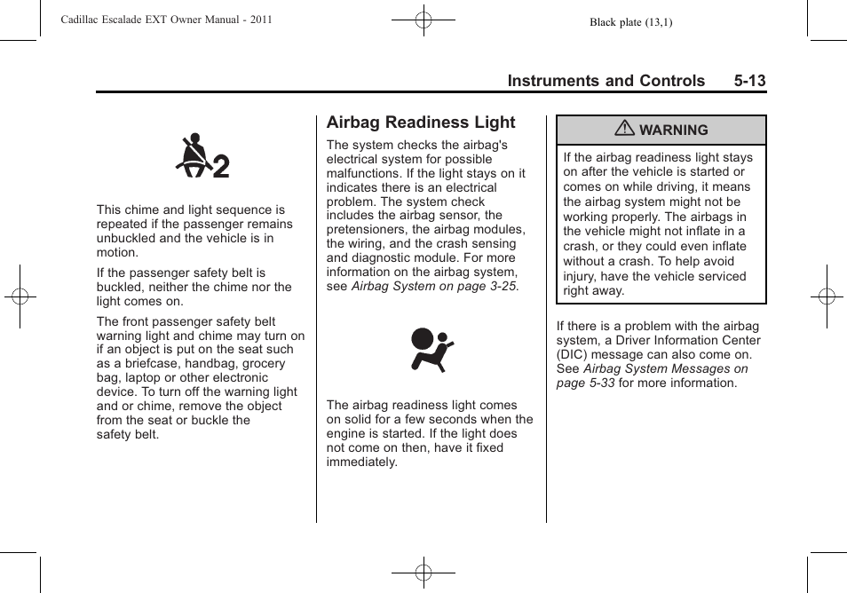 Airbag readiness light, Airbag readiness light -13 | Cadillac 2011 Escalade EXT User Manual | Page 143 / 508