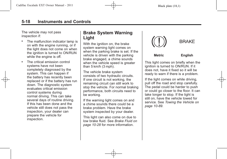 Brake system warning light, Brake system warning, Light -18 | 18 instruments and controls | Cadillac 2011 Escalade EXT User Manual | Page 148 / 508